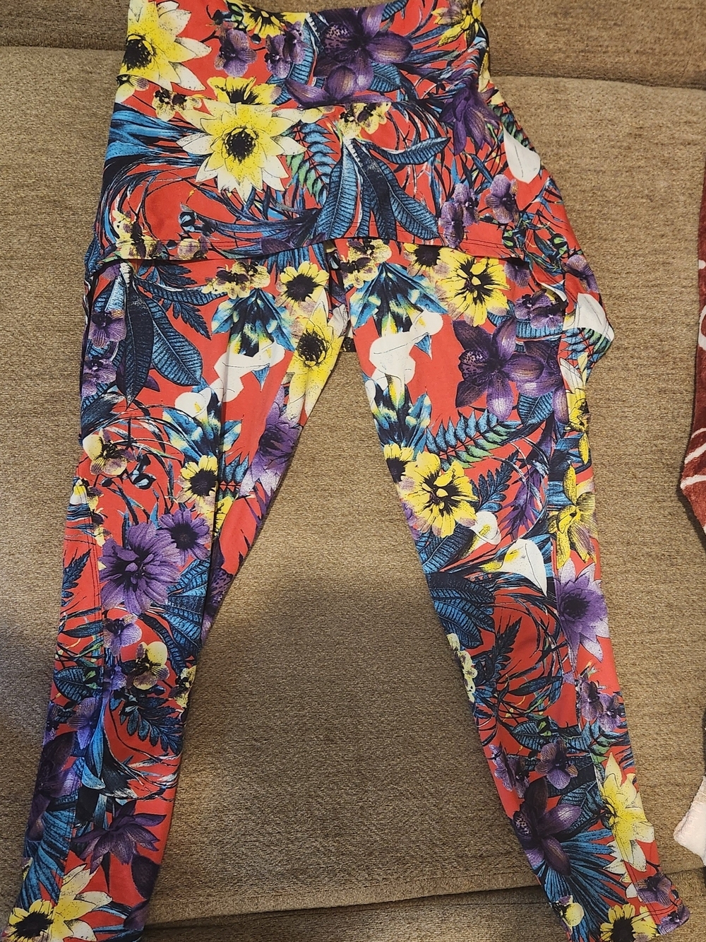 Floral Print Skirted Leggings - Red Base with Yellow & Purple Flowers Size G